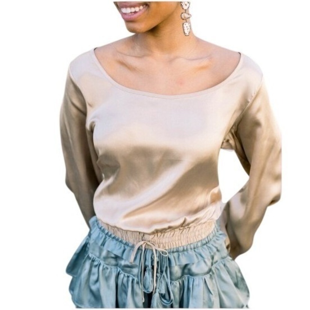 SHUG Womens 100% Silk Cropped Top Balloon Sleeve L Gold Regency Romantic